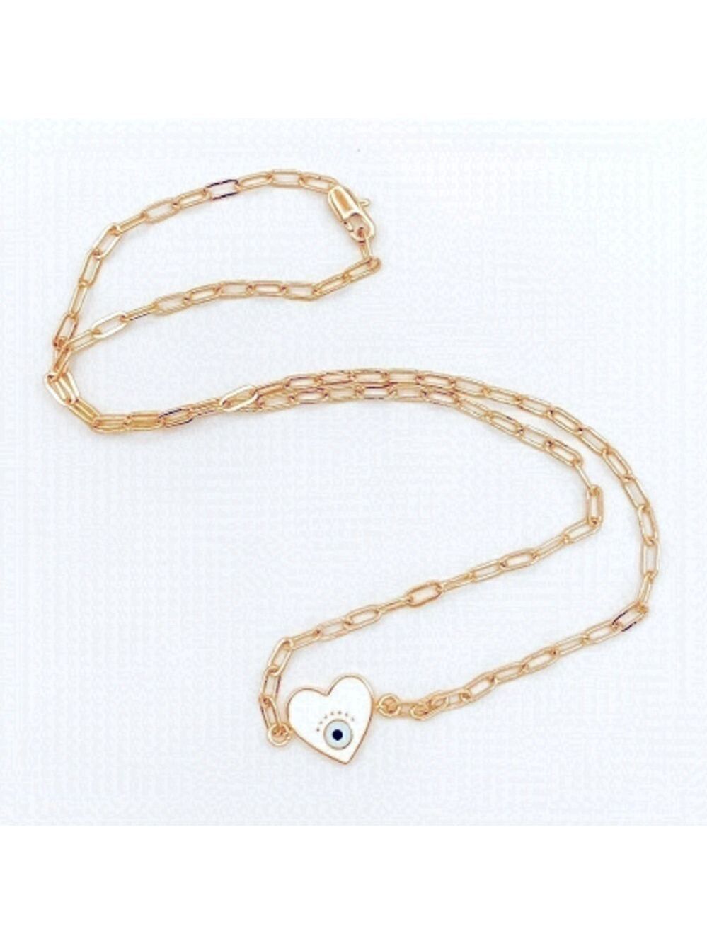 𝅺ENAMEL heart charm w/evil eye on paperclip chain